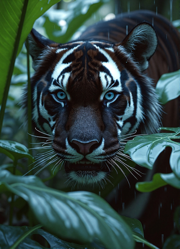 A close-up of a tiger with uncharacteristically dark fur and piercing blue eyes staring directly at the viewer. The tiger is partially obscured by foliage, and there are raindrops visible, adding to the atmosphere of the scene. 