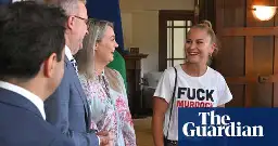 Grace Tame wears anti-Murdoch shirt to prime minister’s Australian of the Year morning tea